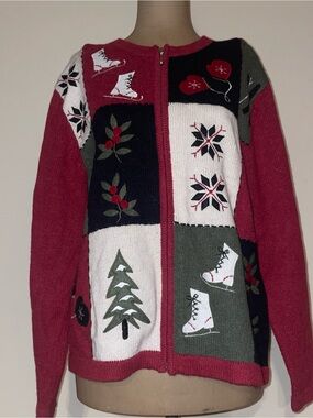croft & barrow Red Patchwork Holiday Zip-Front Cardigan